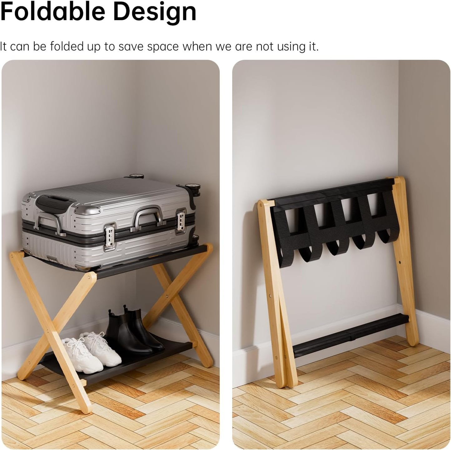 HITNET Luggage Rack 2 Pack, Folding Suitcase Stand for Guest Room, Bamboo Luggage Holder with Storage Shelf for Hotel Bedroom, Natural
