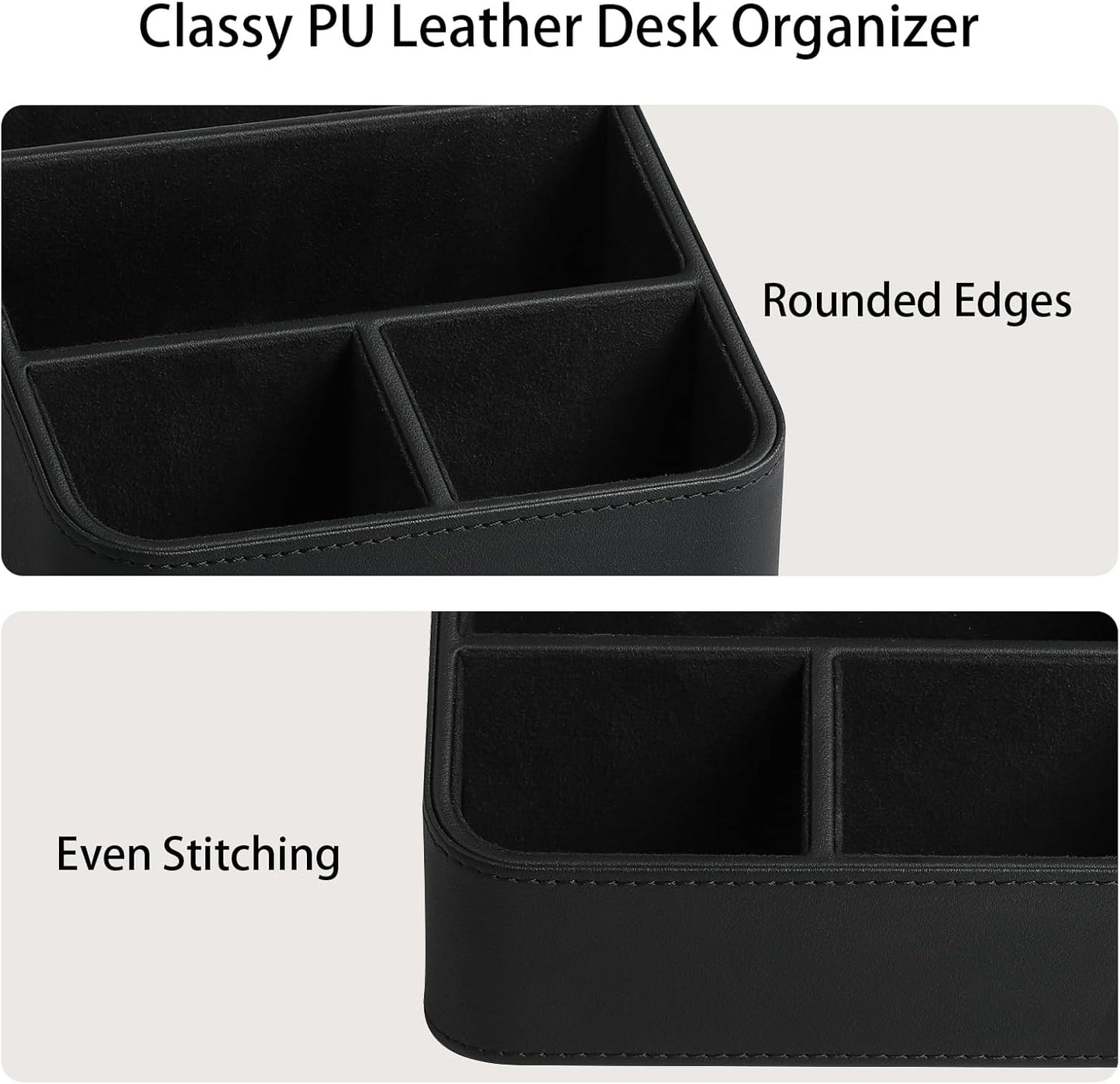 Remote Control Holder, PU Leather Small Desk Organizer with 4 Compartments, Nightstand Organizer Desk Caddy for Remote, Notepad, Phone, Glasses, and Accessories (Black)