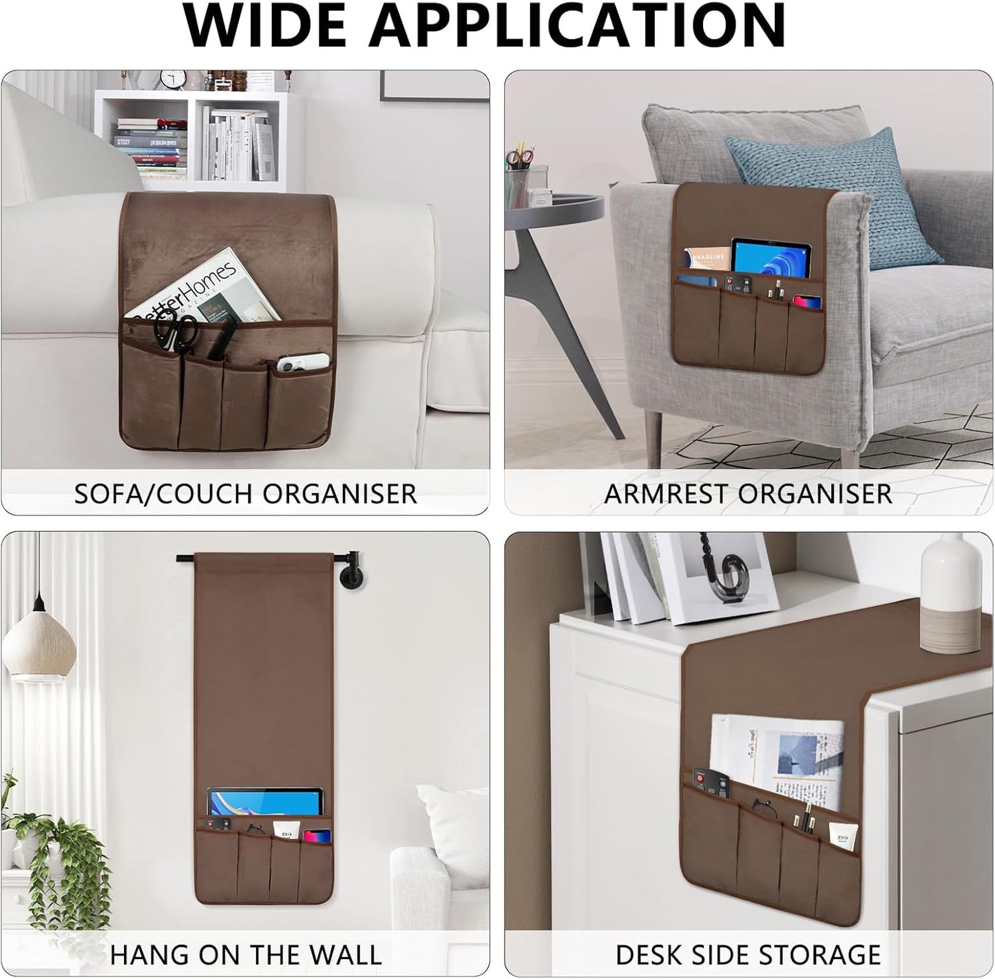 Remote Control Holder for Armchair, Couch Caddy Organizer TV Remote Holder for Bed Storage 5 Pockets, Remote Caddy Bedside Organizer Bedside Table Organizer (Brown, 35"x12.4")