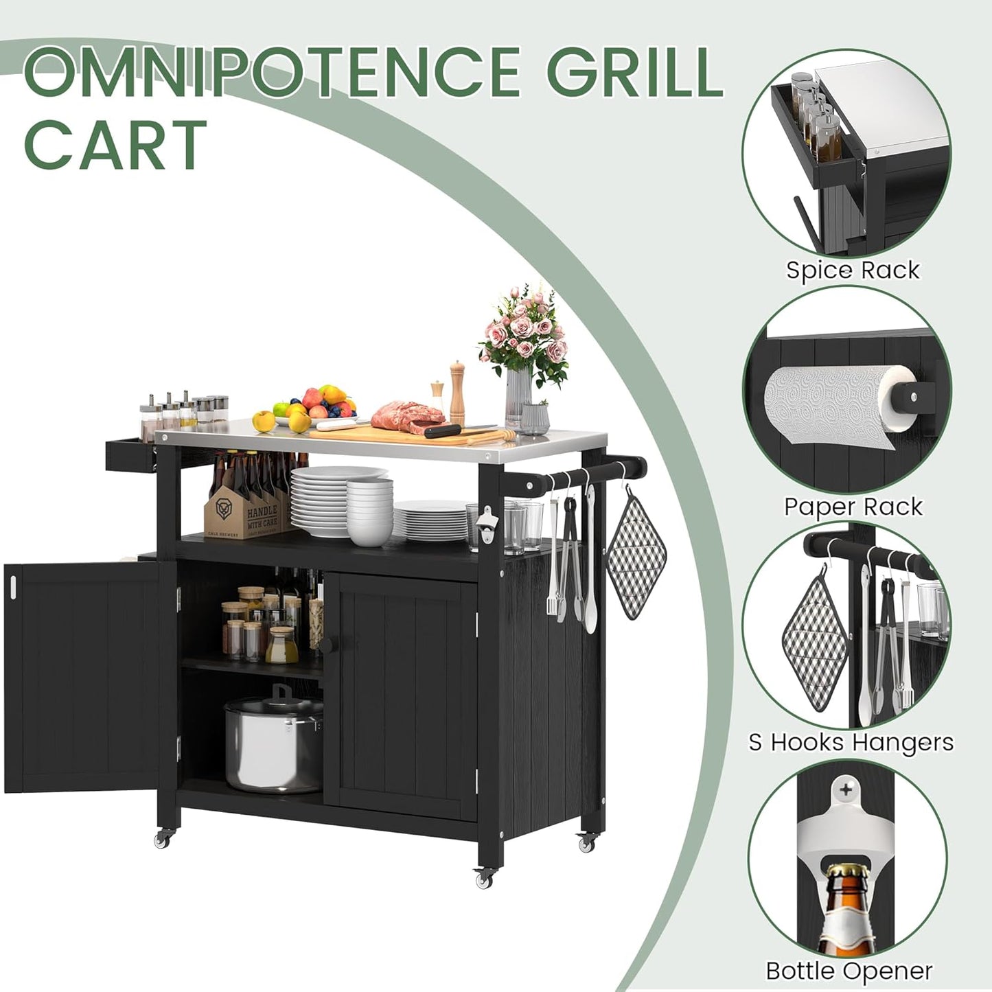 Weatherproof HIPS Outdoor Kitchen Island with Stainless Steel Top & Storage Cabinet, Movable Prep Table with Wheels for BBQ Food Prep, Outdoor Grill Cart for Parties, Black