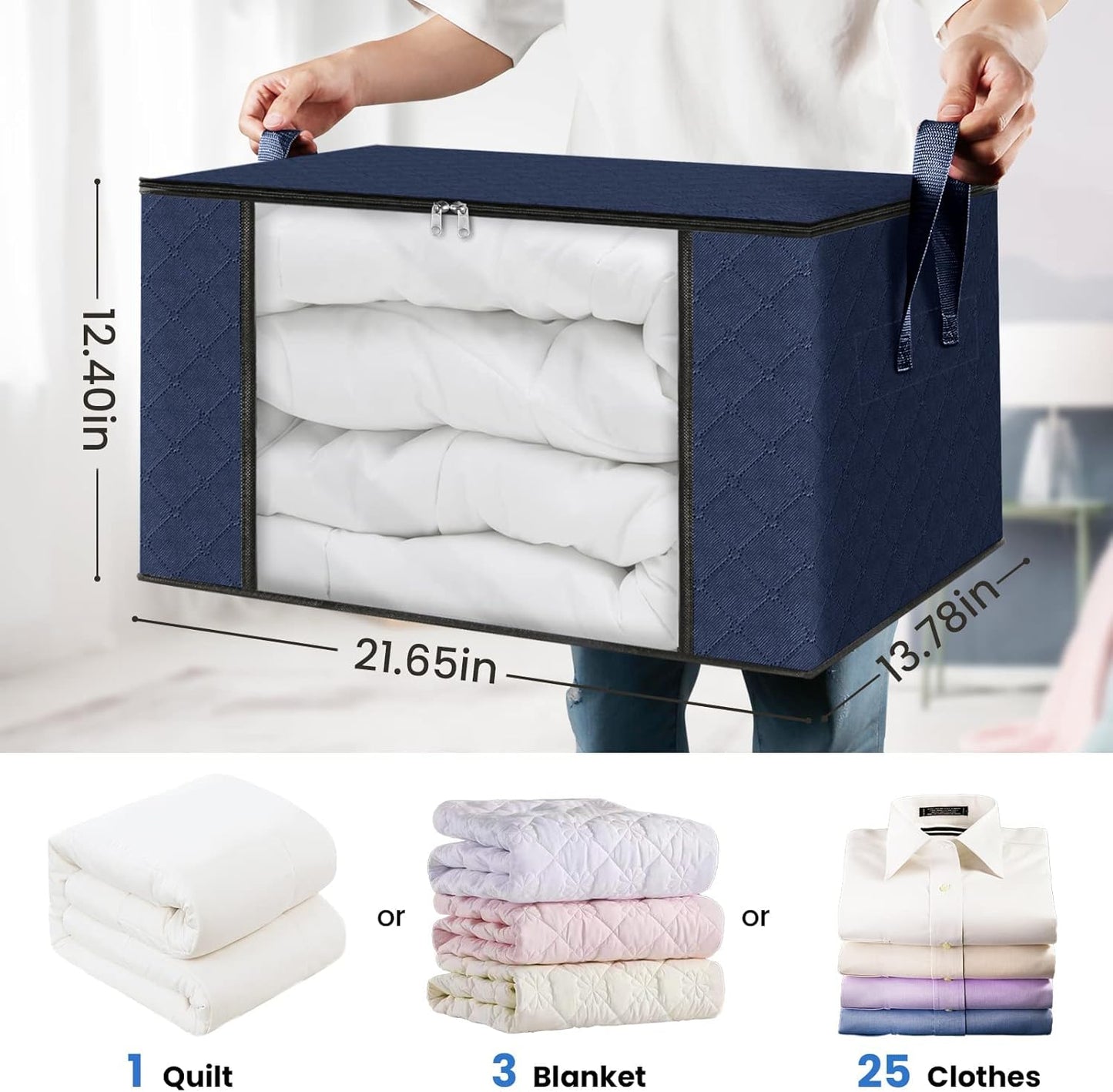 Fab totes Storage Bags,Clothes Blanket Storage Bins Foldable Closet Organizers with Reinforced Handle for Home Dorm Storage and Organization,Fabric Bags for Organizing Sheets,Clothing (Blue,4 Pack)