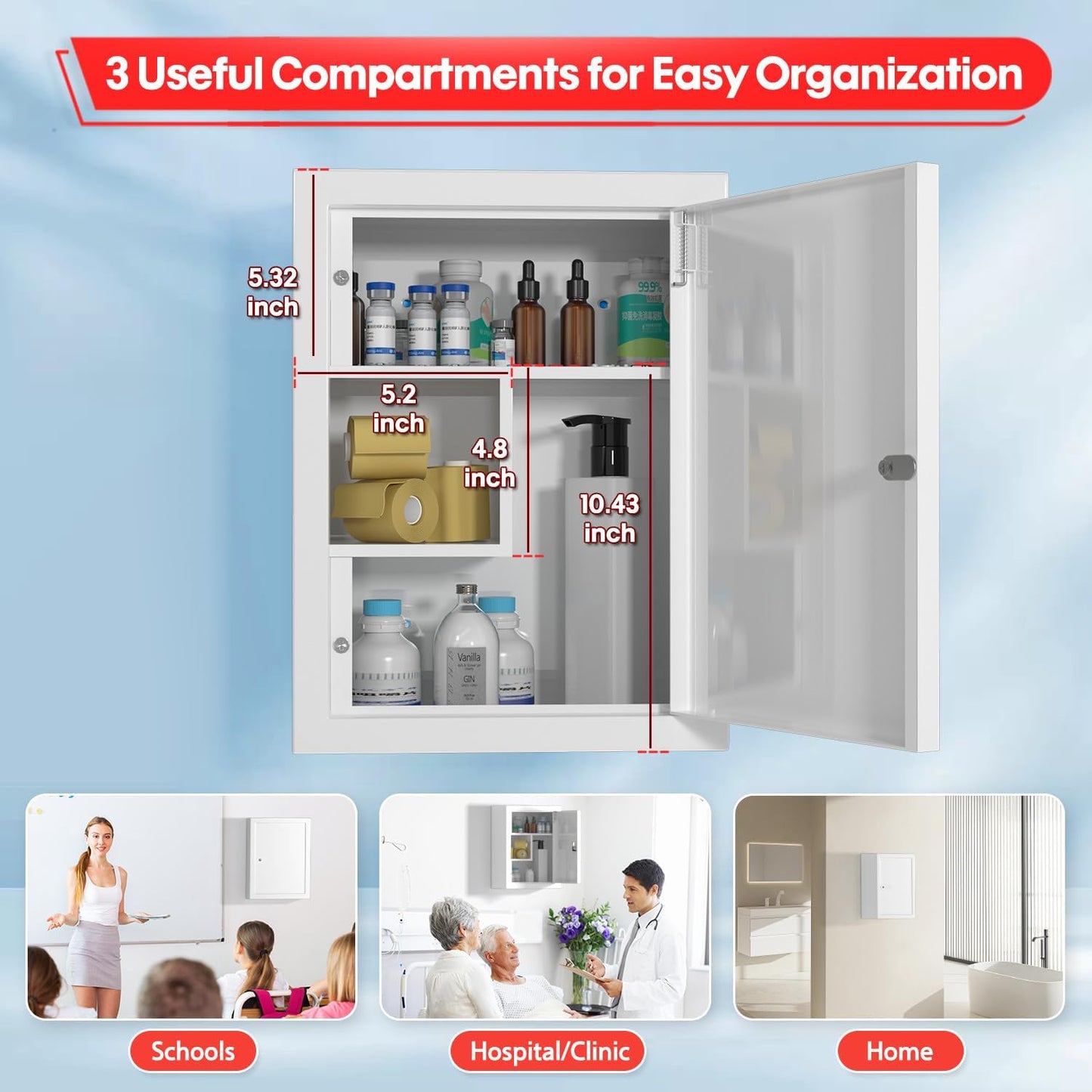 Wall-Mount Locking Medicine Cabinet: Large Metal Storage Organizer Box with Key Lock - First Aid Medicine Cabinet 3 Compartment Design for Bathroom Home Office (15.75" H x 11.82" W x 4.72" D)