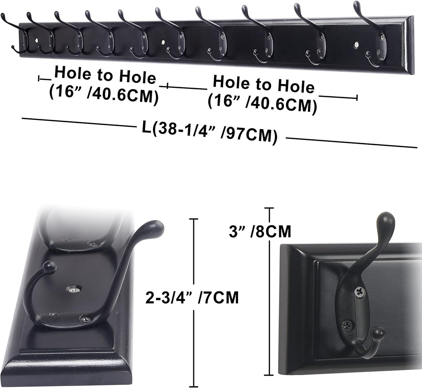 Dseap Coat Rack Wall Mounted: 10-Hooks, 16" Hole to Hole, 38-1/4" Long, Wood Coat Hooks Wall Mounted, Hook Rack, Hook Rail, Hooks for Hanging Coats, Black