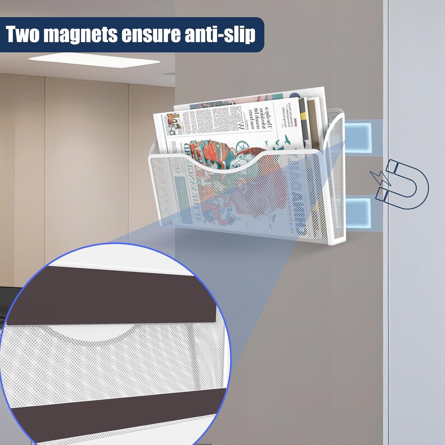 3 Pcs Magnetic File Holder for File Cabinets, Folder Holder Organizer- No Drilling Paper Document Holder, Large Capacity Office Hanging Magazine Rack for Refrigerator, Whiteboard, Office, Kitchen