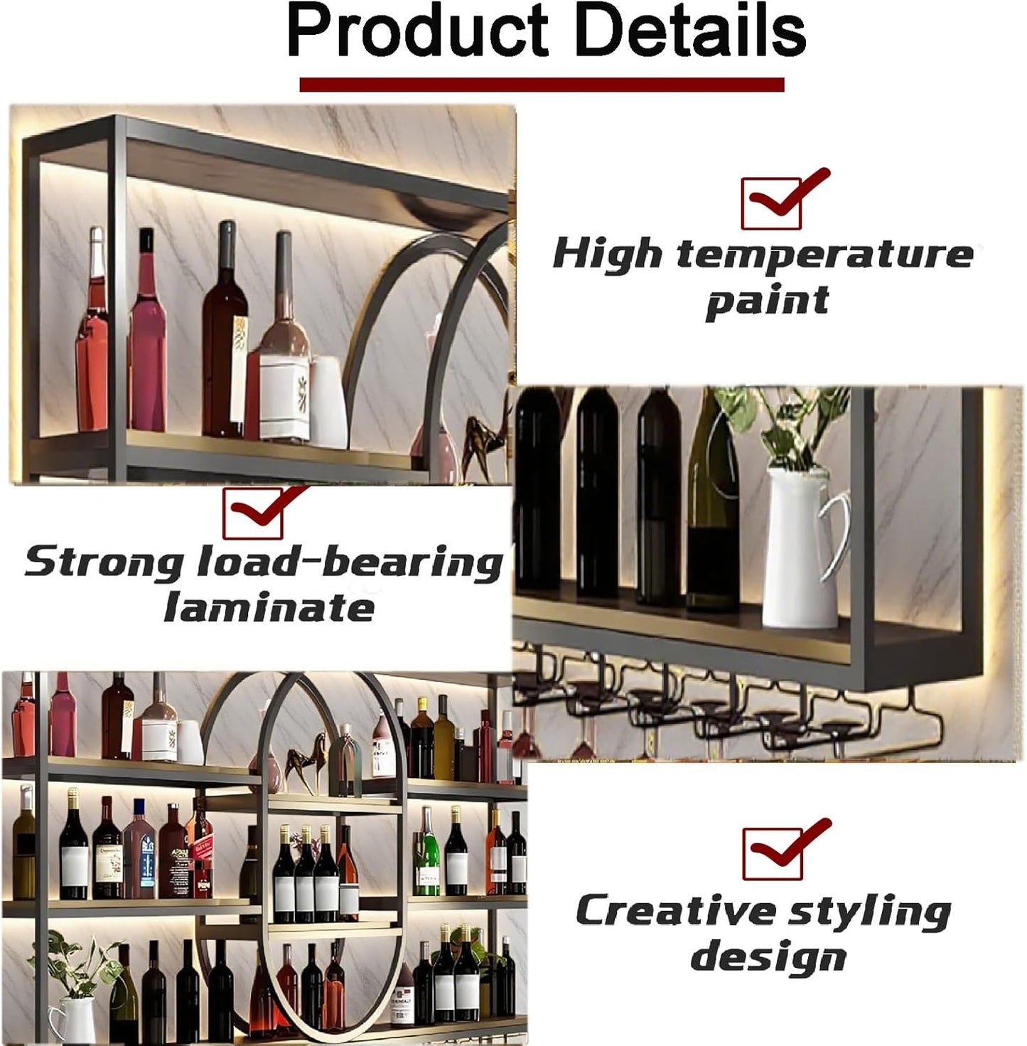 63IN Large Wall Mount Wine Rack, Metal 4 Tier Hanging Bottle Holder with Wine Glass Storage Racks, Modern Floating Wine Shelves for Home Bar Dining Room Decoration (Black)
