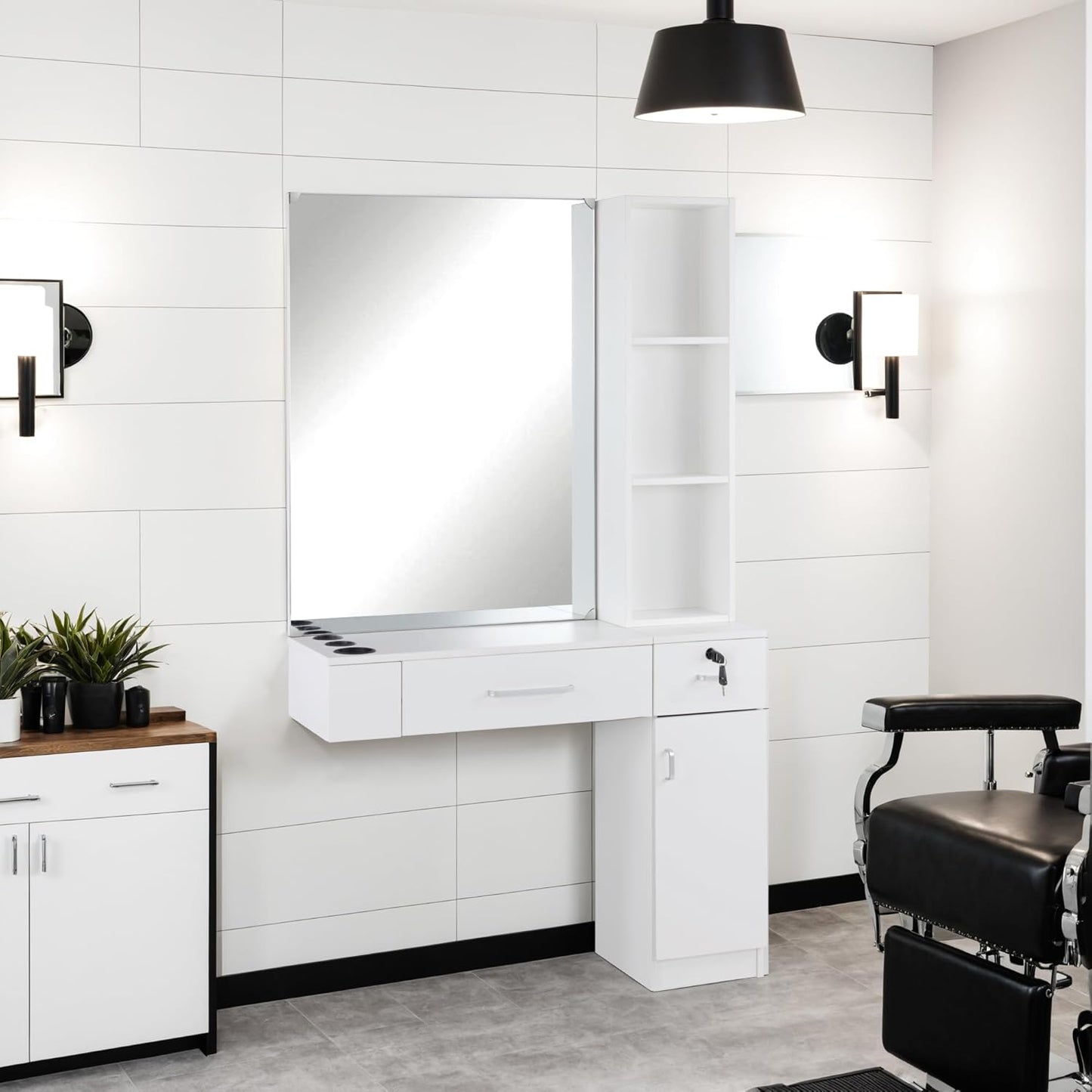 BarberPub Wall Mount Salon Station with 3 Hair Dryer Holders Hair Styling Station with Mirror Beauty Salon Spa Equipment Set 3026 (White)