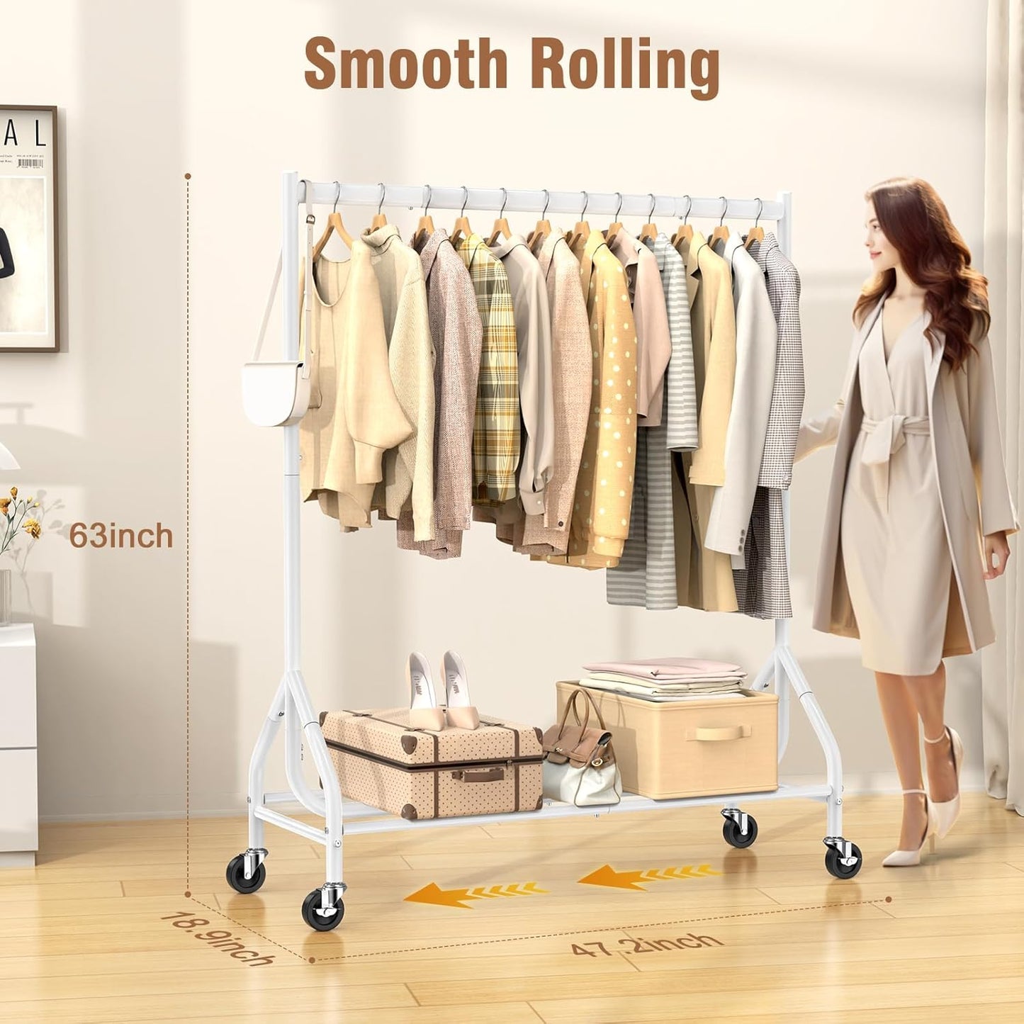 EAGMAK Heavy Duty Clothes Rack Load 420 LBS, 47.2" Long Rolling Garment Rack with Lockable Wheels, Standing Metal Clothing Hanger, Portable Wardrobe Sturdy Coat Organizer for Hanging Clothes (White)
