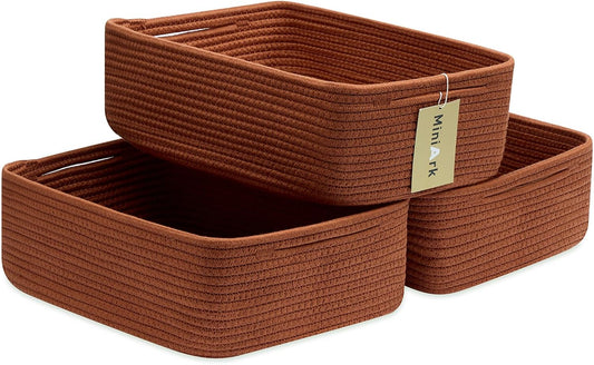 Large Shallow Organizing Baskets 15x11x5.1 Inches - Rope Woven Storage Bins for Bathroom, Shelves, Cube Closet, Red 3 Packs
