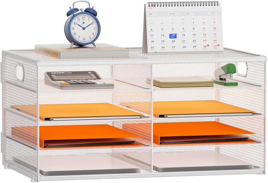 Marbrasse 5 Tier Desktop Literature Organizer, Mesh Paper Organizer Desk Organizers, File Sorter Mail Center Paper Storage Cabinet Classroom Keepers Mailbox for Office Home School,White