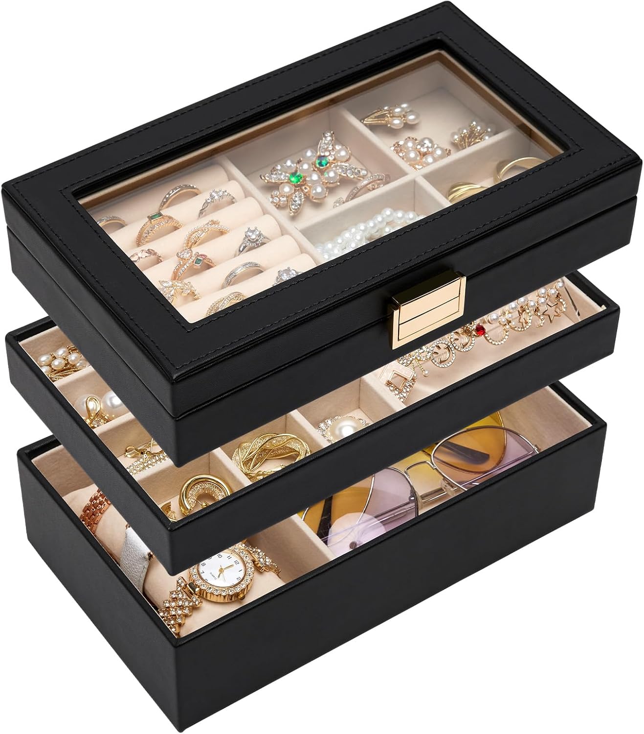 Homde Jewelry Tray Stackable Jewelry Box with Glass Lid, Removable Dividers for Vanity Table - Christmas Gift Idea for Girls and Women (Black)