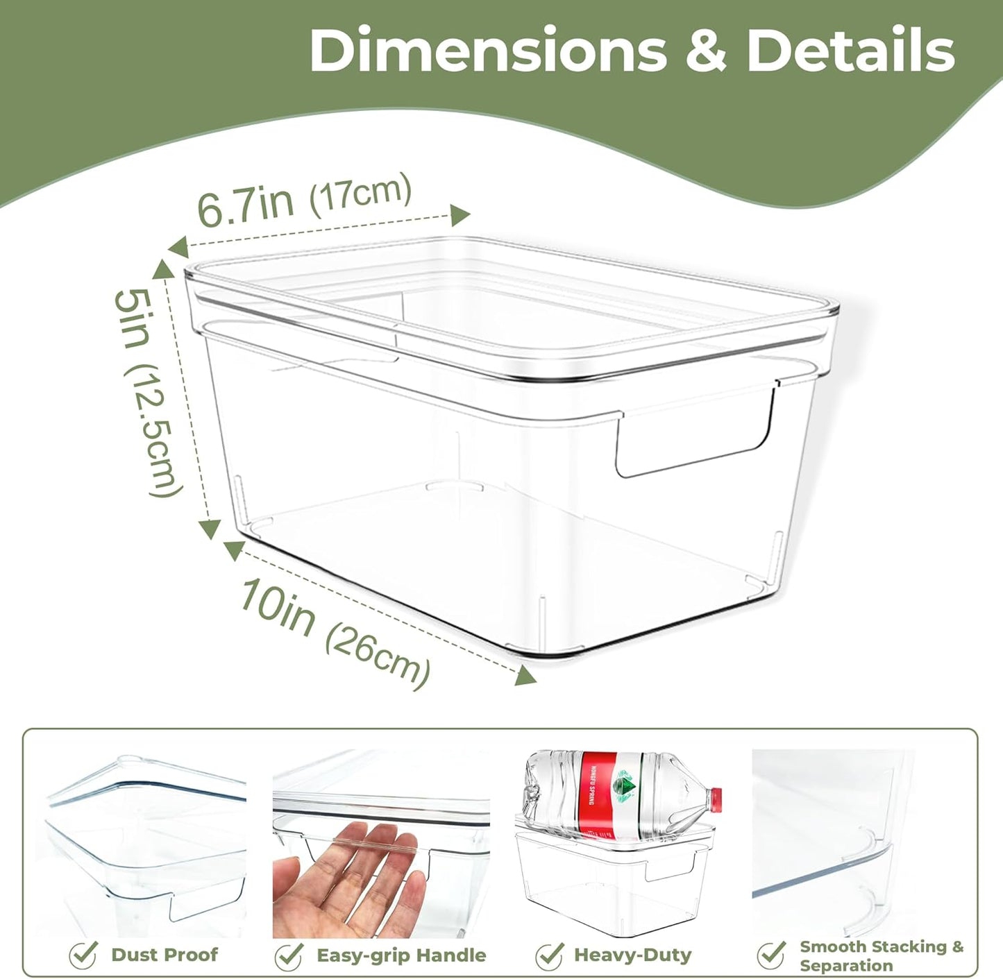 MOONEDGE Clear Plastic Storage Bins with Lids – Stackable Organizer Containers for Fridge, Kitchen, Pantry, Bathroom, Closet, Laundry Room, Office – 2 Pack (10×6×5 in)