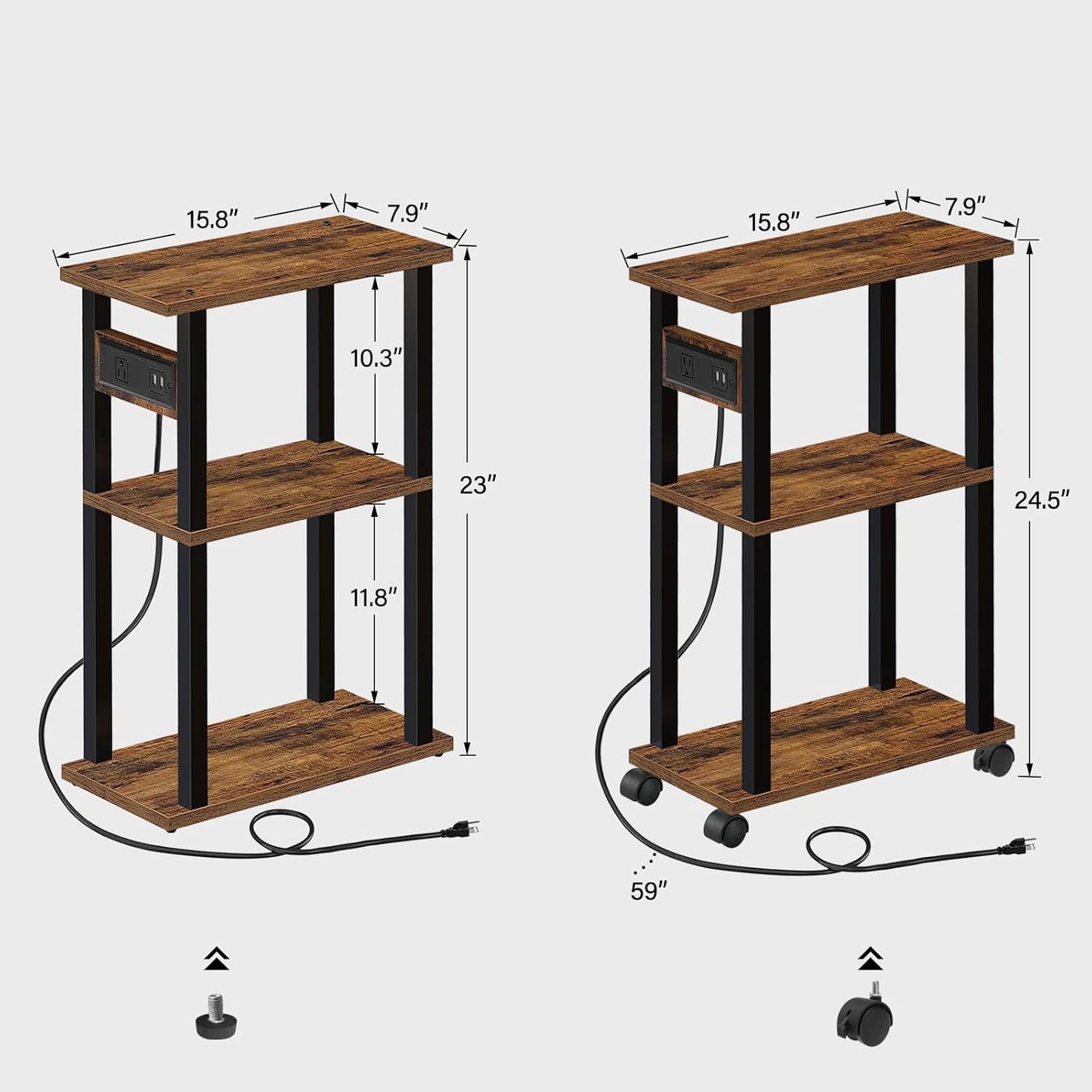 TUTOTAK Small Narrow Side Table with Charging Station, Set of 2 Skinny End Table for Small Spaces, Slim Nightstand with USB Ports and Outlet,Sofa Beside Table with Wheels, Brown TB01BB047