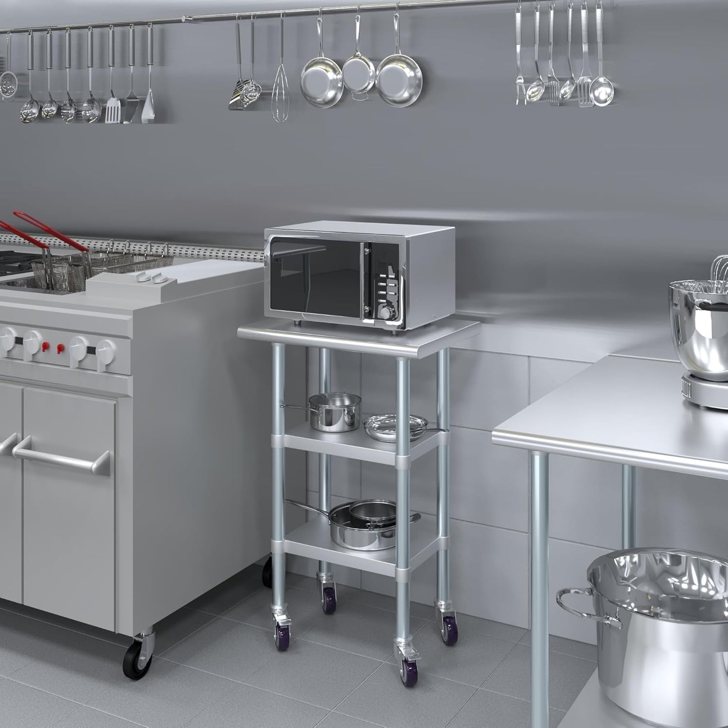 AmGood Stainless Steel Work Table with 2 Shelves and Casters | Metal Utility Table On Wheels (Stainless Steel Work Table with 2 Shelves + Casters, 24" Long x 18" Deep)