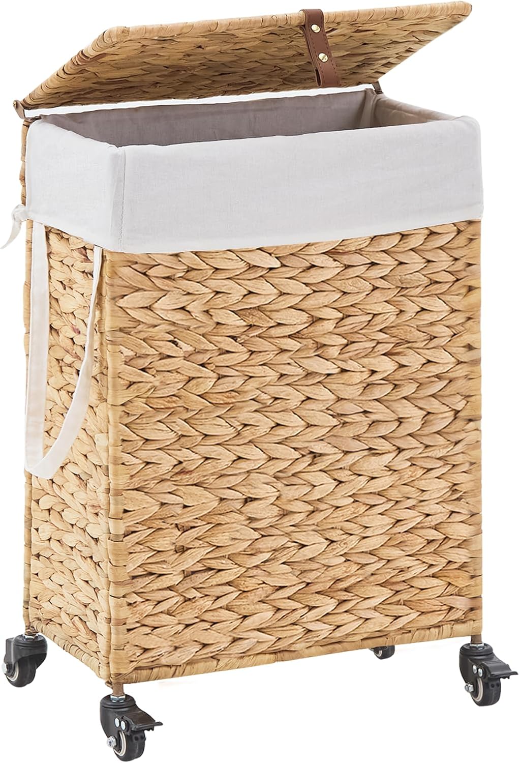 Rolling Laundry Hamper with Lid and Wheels, Slim Laundry Basket with Removable Liner Bag & 2 Mesh Bags, Handwoven Water Hyacinth Clothes Hamper for Bedroom Bathroom (Natural, 50L)