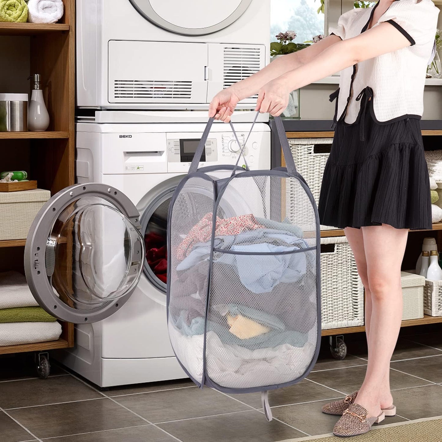 BATTOO Deluxe Strong Mesh Pop up Laundry Hamper Basket with Side Pocket for Laundry Room, Bathroom, Kids Room, College Dorm or Travel 2 Pack White