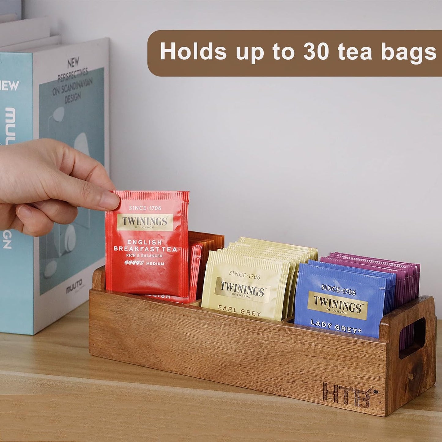 HTB Small Wooden Tea Bag Box 2PCS, 3 Compartments Acacia Wood Tea Bag Chest with Handle, Mini Countertop Divided Storage Container for Beverage Supplies, Sugar, Sweeteners, Individual Packets