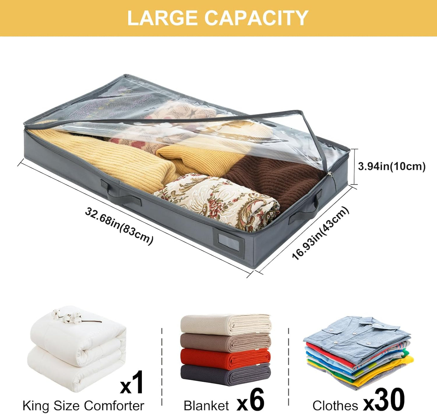 4-Inch Under Bed Storage Containers (3-Pack) | Sturdy Sidewalls | Clear Cover & Label Holder | Underbed Organizer for Crib/Couch | Stores Clothing/Blankets/Wrapping Paper/Toys