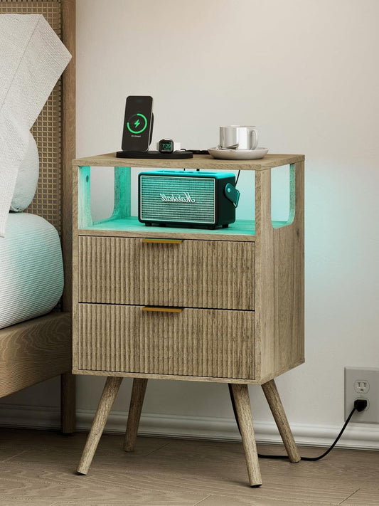 Nightstand with Charging Station and LED Lights, Modern Bedside Table with 2 Storage Drawer and Open Wood Shelf for Bedroom and Small Spaces, Night Stand with Solid Wood Legs