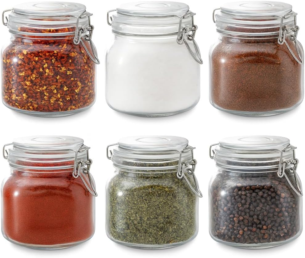6 Pack Spice Jars, 25 oz Glass Containers with Airtight Lids, Small Herb Jars with Labels for Kitchen Storage