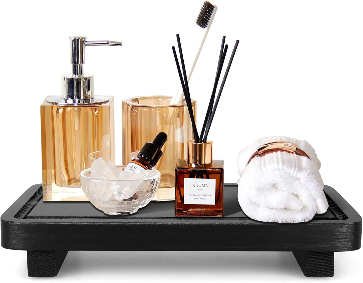 Black Bathroom Counter Organizer Tray Wood Riser Kitchen Countertop Trays Wooden Pedestal Display Stands Dish Soap Dispenser Holder for Bathroom Decor Kitchen Sink Accessories Vanity Tray