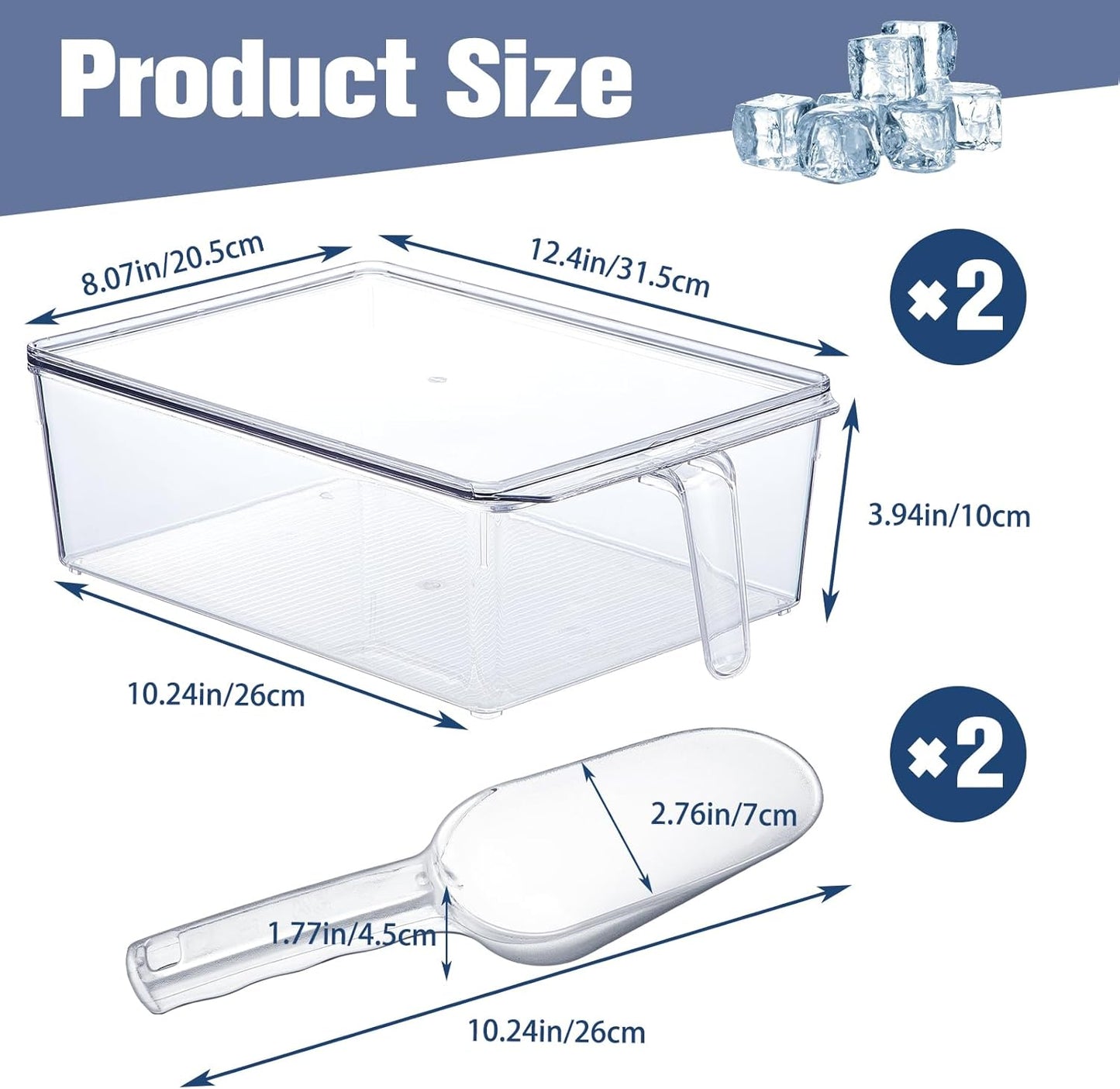 Havawish 4 Pcs Ice Storage Bin for Freezer with Lid and Flexible Scoop Set Plastic Ice Container with Lid Handle for Home Office Fridge Storage (12.4 x 8.07 x 3.94 Inches,Clear)