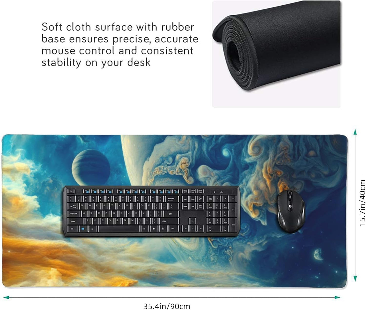 Spectacular Cosmic Planets Large Mouse Pad, Vintage Aesthetic Gaming Desk Mat, XXL Keyboard Desk Pad Mat for Desktop, 35.4"x15.7" Non-Slip Base Big Mousepad with Stitched Edges