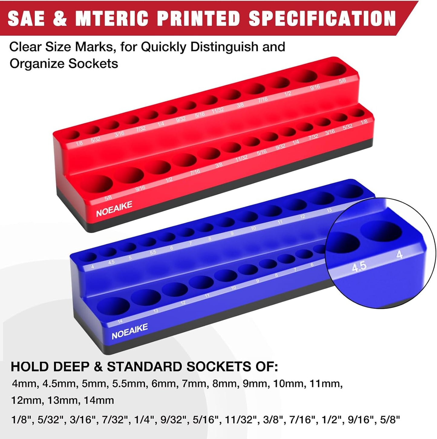 1/4 Inch Magnetic Socket Organizer,2-Pack Metric &SAE Sockets Holder Set 1/4" Drive Socket Trays,Holds 52 Pcs Standard and Deep Size Sockets(Socket not Included)