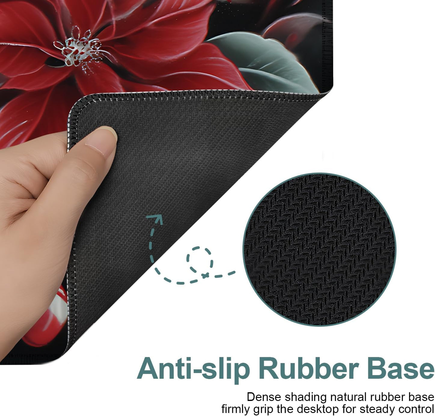 Christmas Flowers Gaming Mouse Pad 35.4"x15.7"Desk Mat Anti-Slip Rubber Base & Durable Stitched Edges for Gamers Smooth Mouse Writing Surface for Desk Office/Home