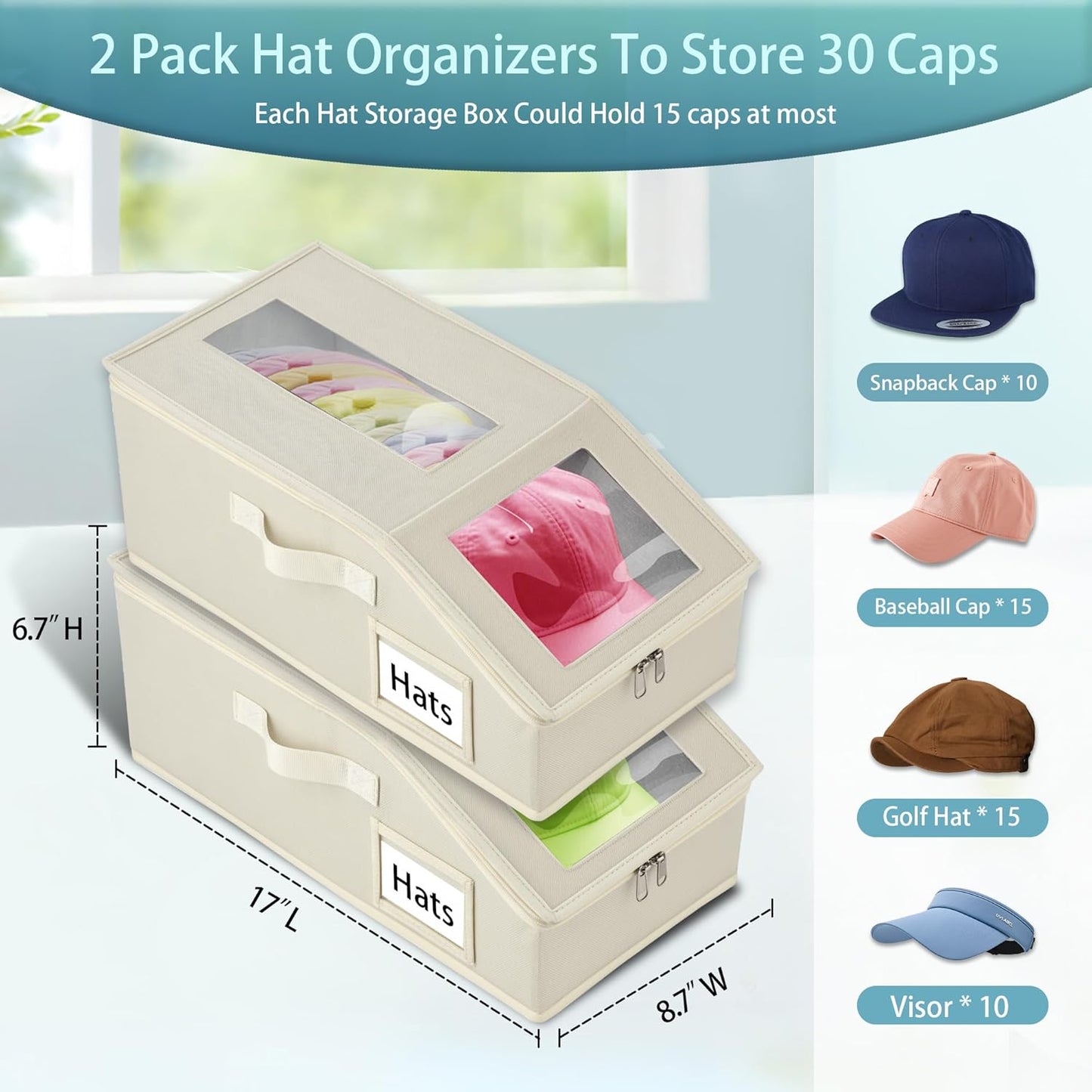 Stackable Hat Storage for Baseball Caps, 2 PCS Hat Storage Boxes for Closet, Holds up to 30 Caps with Cardboard, Hat Organizer for Women & Men(Two Clear Window) (Beige)