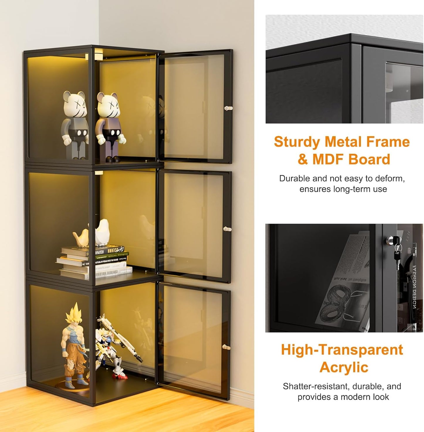 NAIZEA Display Case w/Lock, 17.7"x15.7"x15.7" LED Dustproof Show Case for Collectibles, Figure, Trophy, Display Box for Collectibles Bedroom Living Room Office Game Room,1 Pack