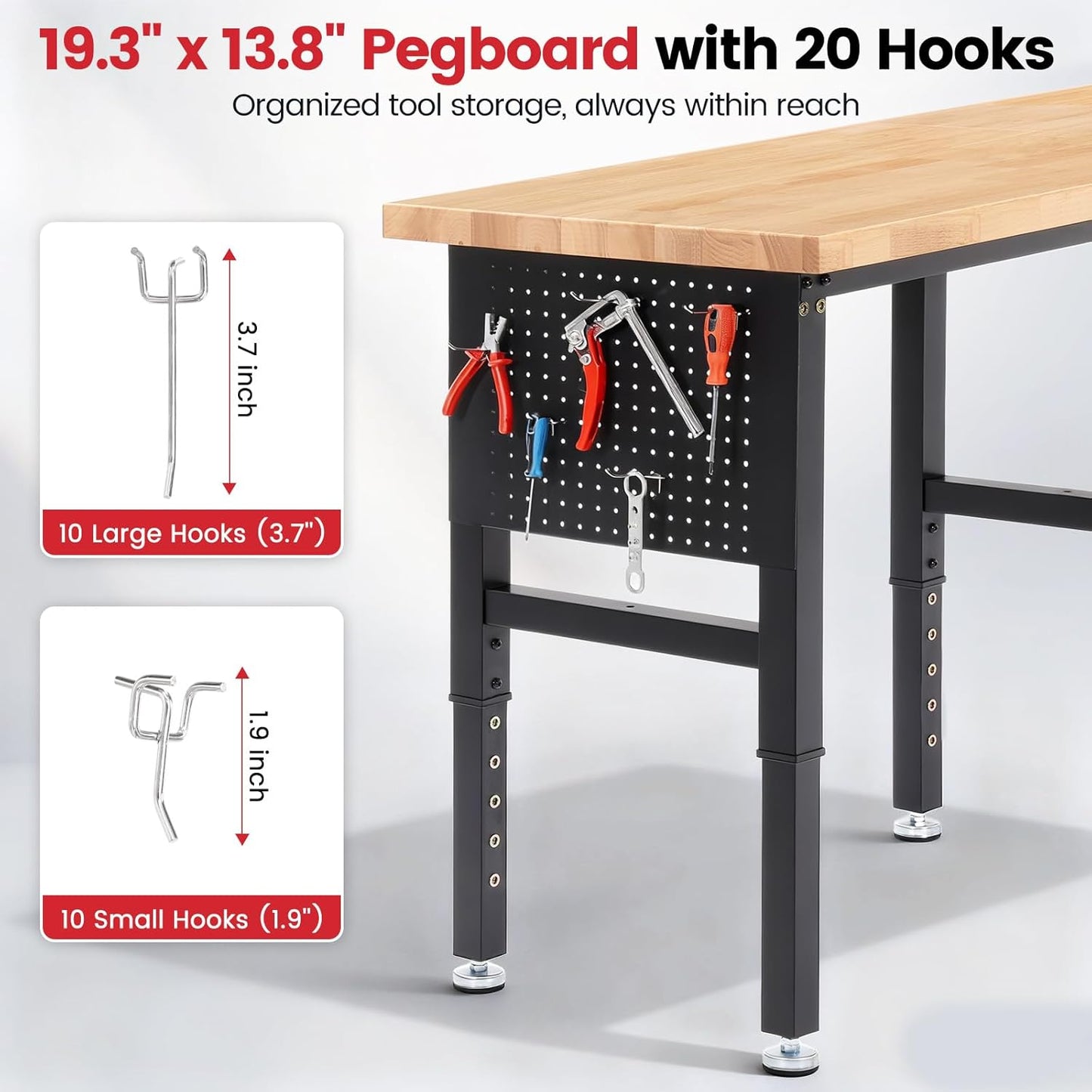Work Bench 84 x 24 Inch Adjustable Height Rubber Wood Top Work Table 5000 Lbs Load Capacity Workstation with Power Outlets & Extended Pegboard for Garage, Workshop, Home, Office
