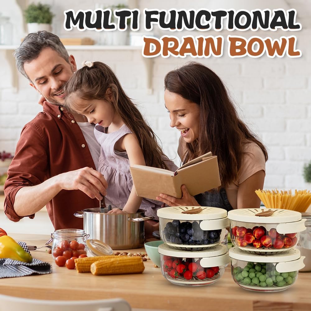 Multi-Functional Fruit and Vegetable Washing Bowl, Fruit Strainer Container with Lid, 2 In 1 Sealed Drainer Basket, Drainer and Freshness Basket, Kitchen Tool with Foldable Handle (White 2pcs)