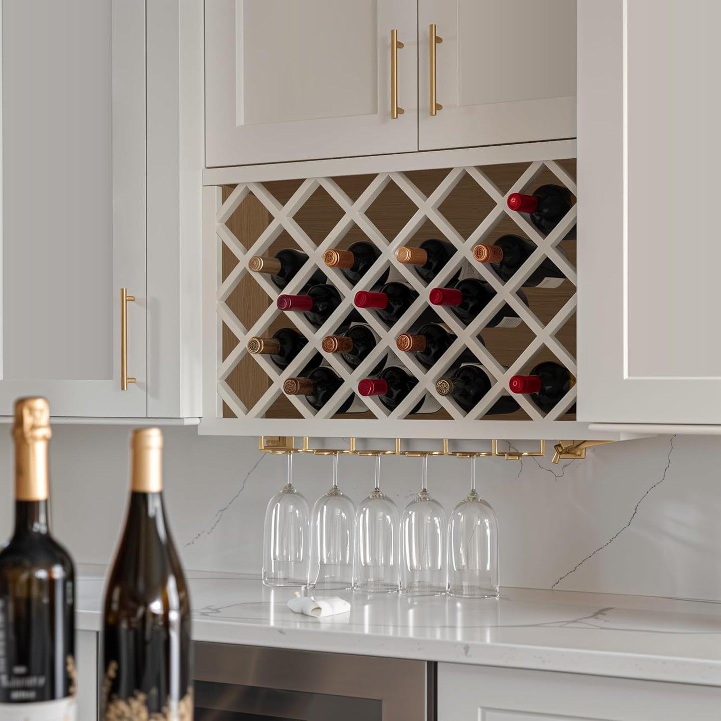 Solid Wood Wine Bottle Rack Wall Cabinet with Lattice Panels - Wine Holder and Storage for Bar, Pantry, Cellar - Mocha (White, 30'W 12'D 15'H)