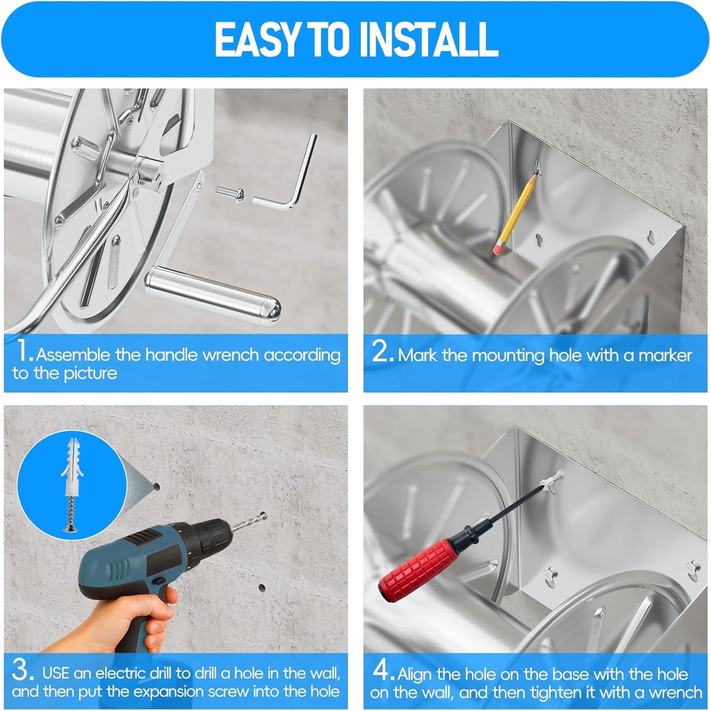 SPECILITE Stainless Steel Garden Hose Reel with 5/8'' x Hot/Cold 75 FT Water Hose and 6FT Leader Pipe, -50℉ -190℉, Wall/Floor Metal Mounted Spool Storage, UV Resistantfor Outside, Yard, Patio