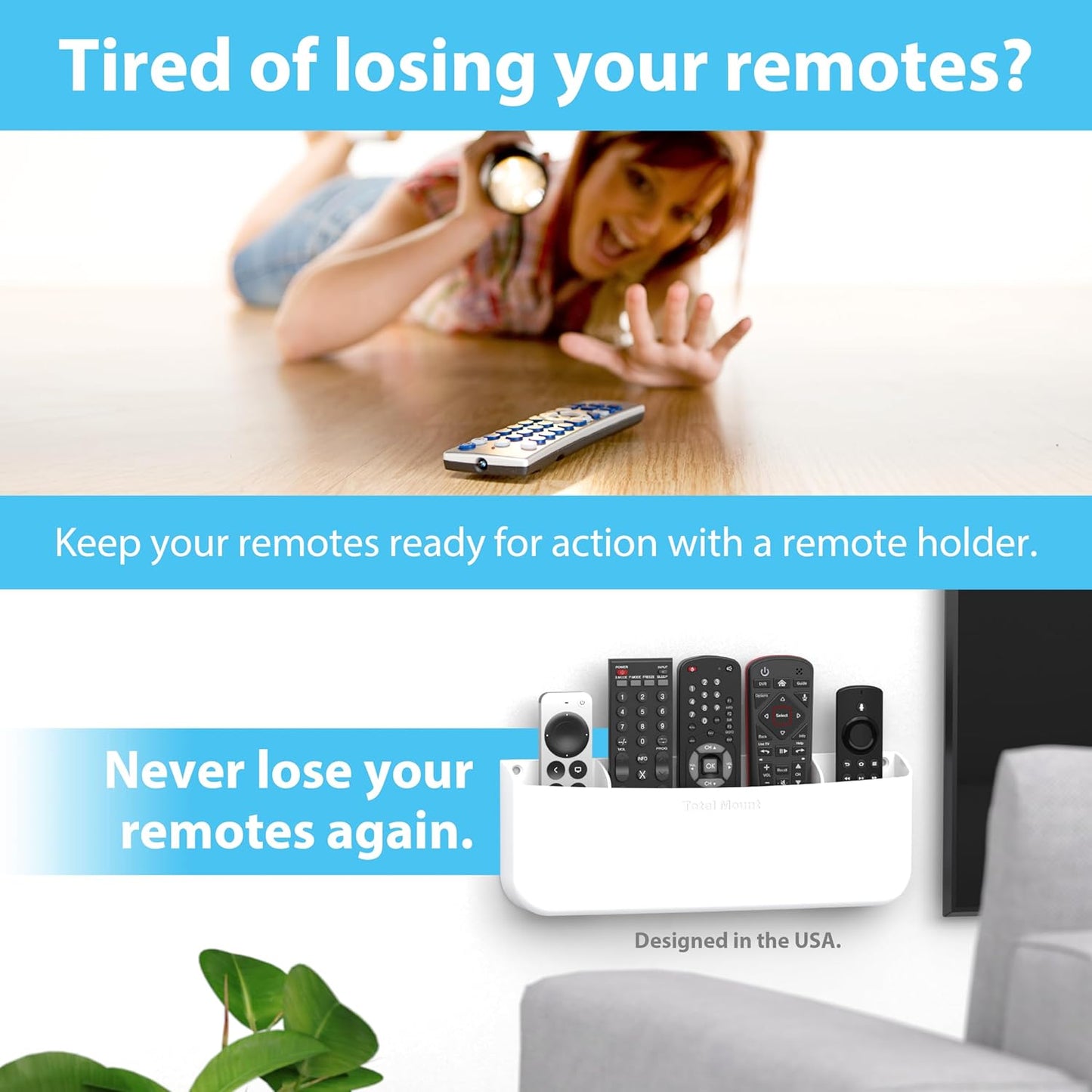 TotalMount Hole-Free Remote Holder – Eliminates The Need to Drill Holes in Your Wall (Premium White Remote Control Holder for 5 or 6 Remotes)