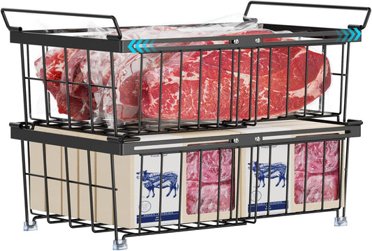 iSPECLE Freezer Organizer Bins - Fit 10 to 20 Cu Ft Chest Freezer, 2 Pack Large Expandable Stackable Deep Freezer Organizer Bins Sort and Easily Get Food without Digging in the Freezer, Black