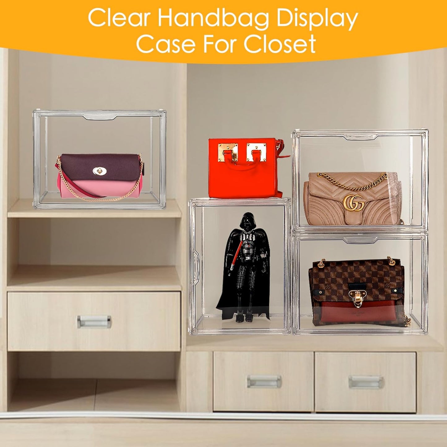 3Pack Purse Organizer for Closet Clear Acrylic Display Case Handbag Storage Organizer Box with Magnetic Door Stackable Storage Bins with Dustproof Lid for Book Toys Shoes Cosmetic Collectibles