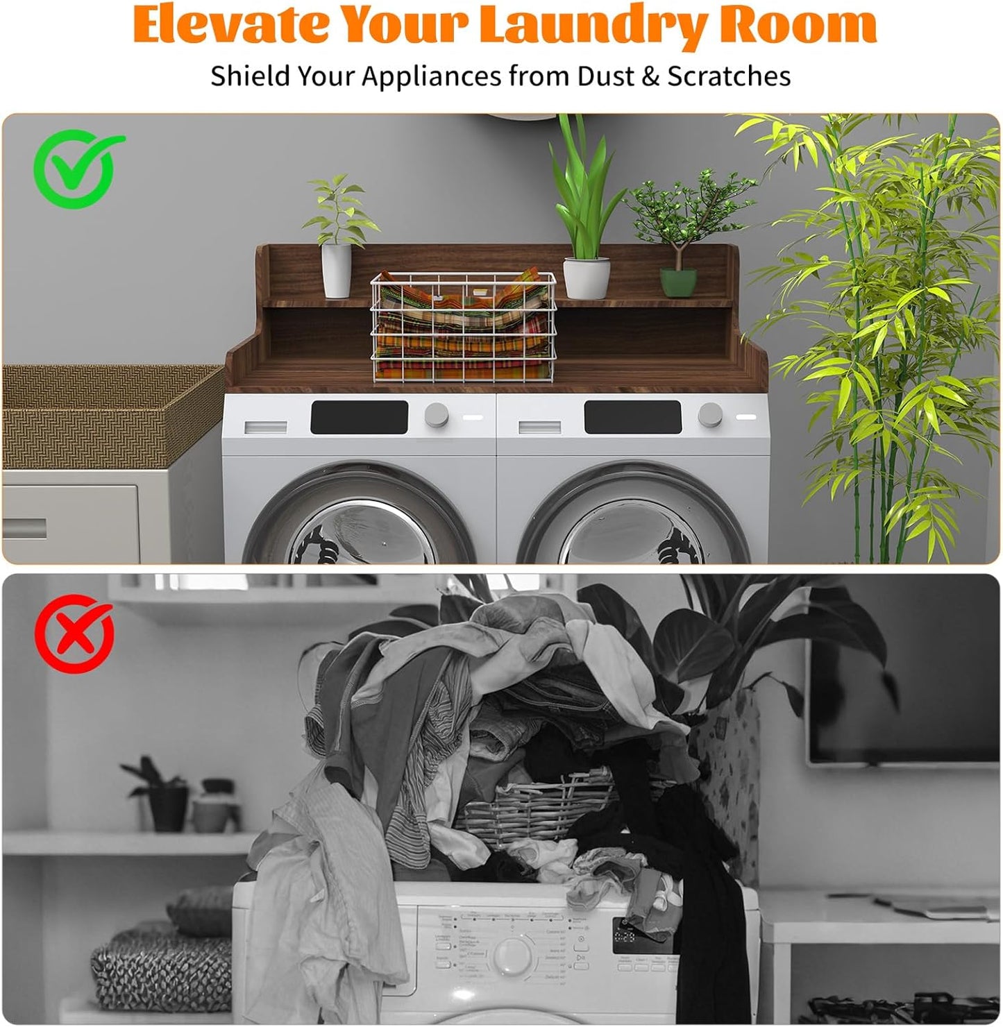 2-Tier Washer Dryer Countertop with Charge Station, 54" x 27.5" Top Cover for Laundry Machine, Washer and Dryer Wood Shelf Topper for Laundry Room Counter Storage Organization, Walnut