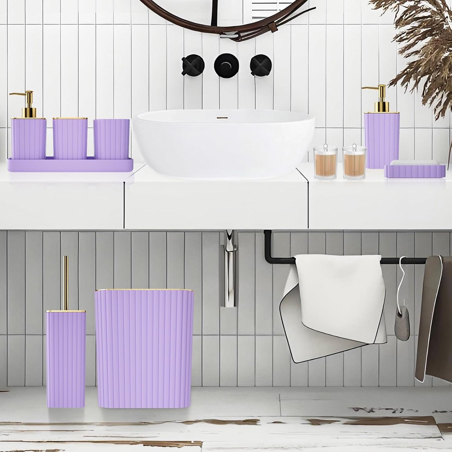 Bathroom Accessories Set - Gorgeous Bathroom Set, 10PC Purple Bathroom Accessory Set, Toilet Brush, Trash Can & Soap Dispenser