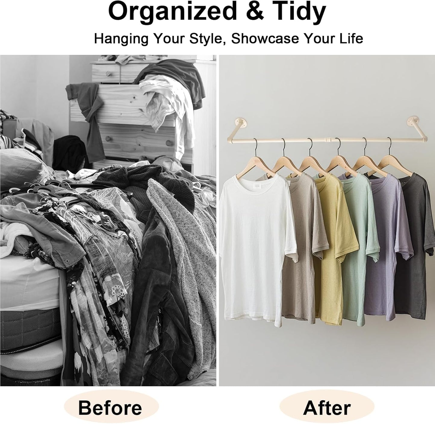 54" White Wall Mounted Clothes Rack, Industrial Pipe Iron Garment Bar, Heavy-Duty Detachable Clothing Rod, Multi-Purpose Metal Wall Display Hanging Pole for Closet Storage, Laundry Room 2 Base