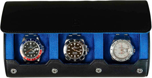 DailyWatch | Personalized Watch Roll Travel Case For 3 Watches - Handmade Genuine Leather Travel Case With Custom Engraving of Name or Initials - Black Blue