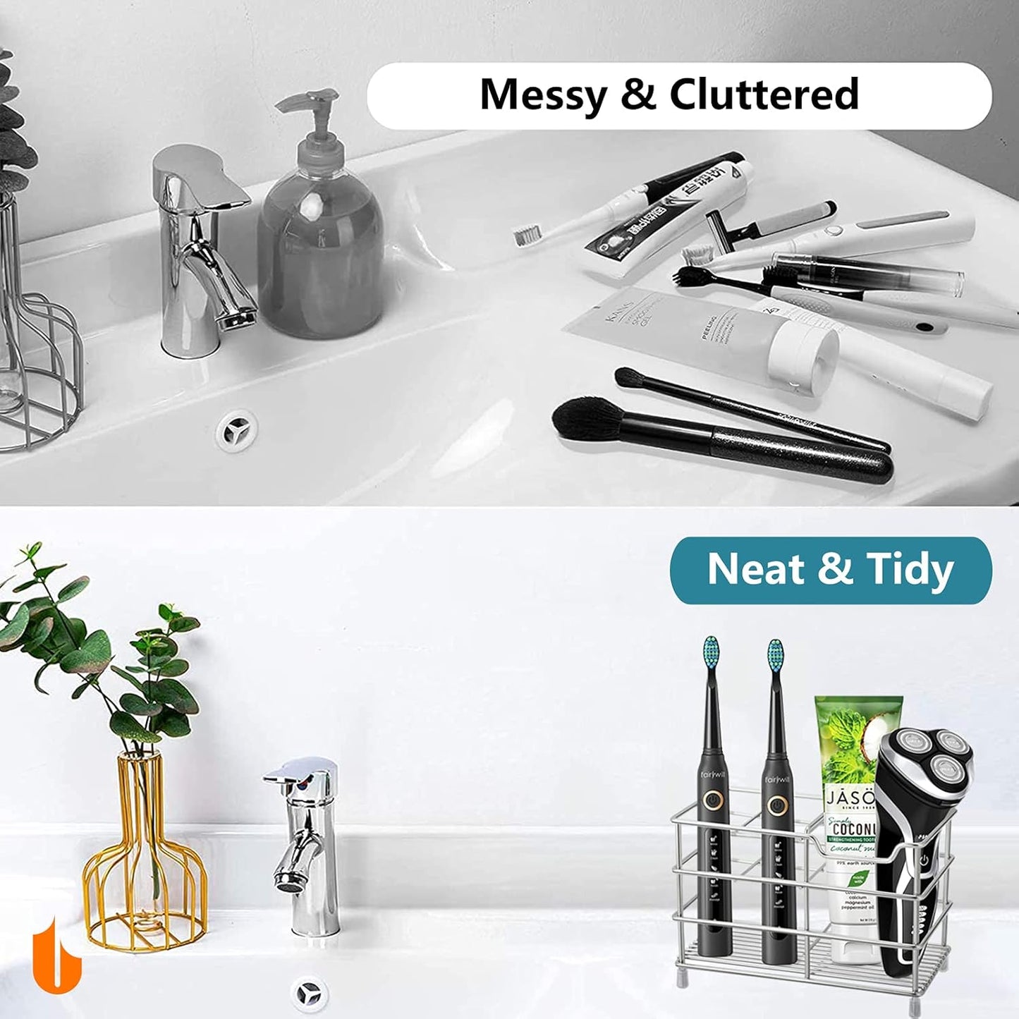 Urbanstrive 304 Stainless Steel Bathroom Toothbrush Holder Toothpaste Holder Stand Bathroom Accessories Organizer (Silver, Small)