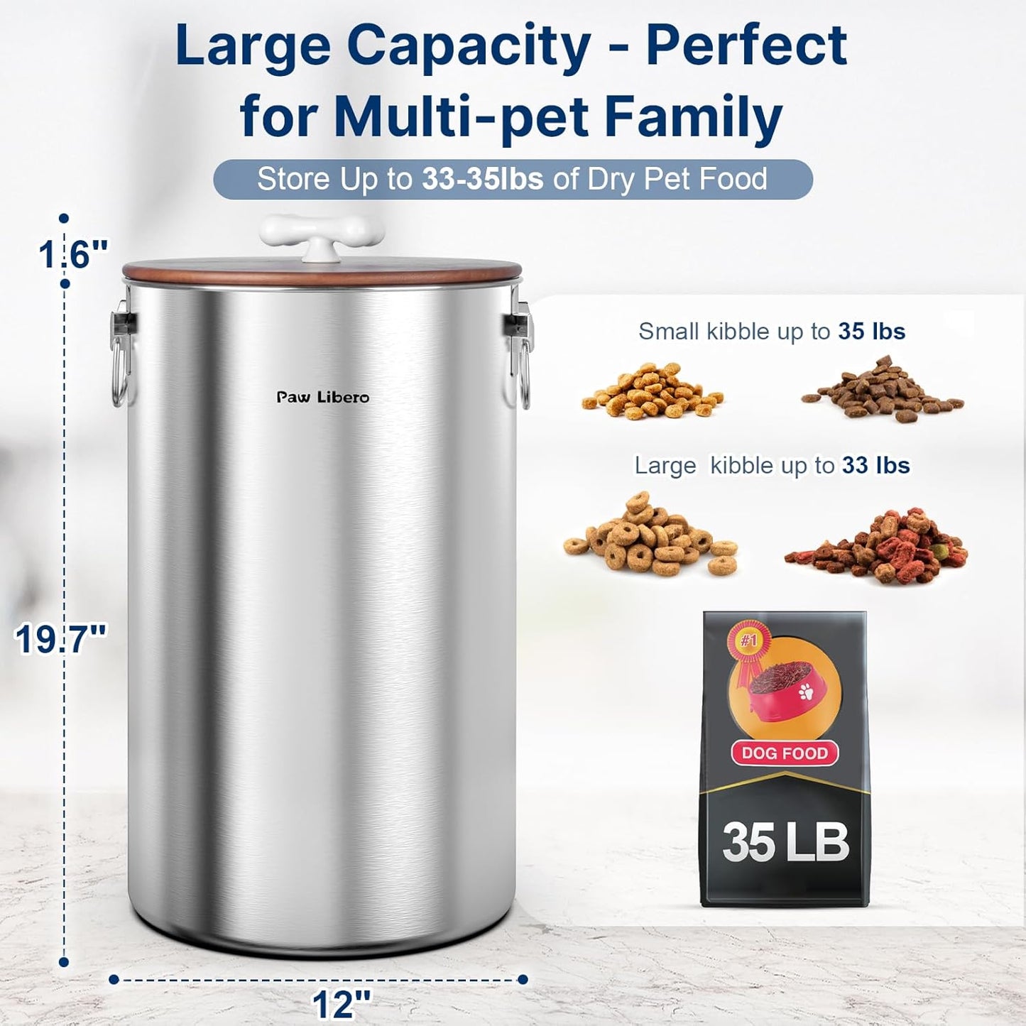 2PK 35 Lbs total 70Lbs Stainless Steel Dog Food Storage Container with Airtight Wooden Lid & Ceramic Bone Handle, Large Metal Dog Food Bin for Dogs & Cats, Keep Fresh, Easy to Clean