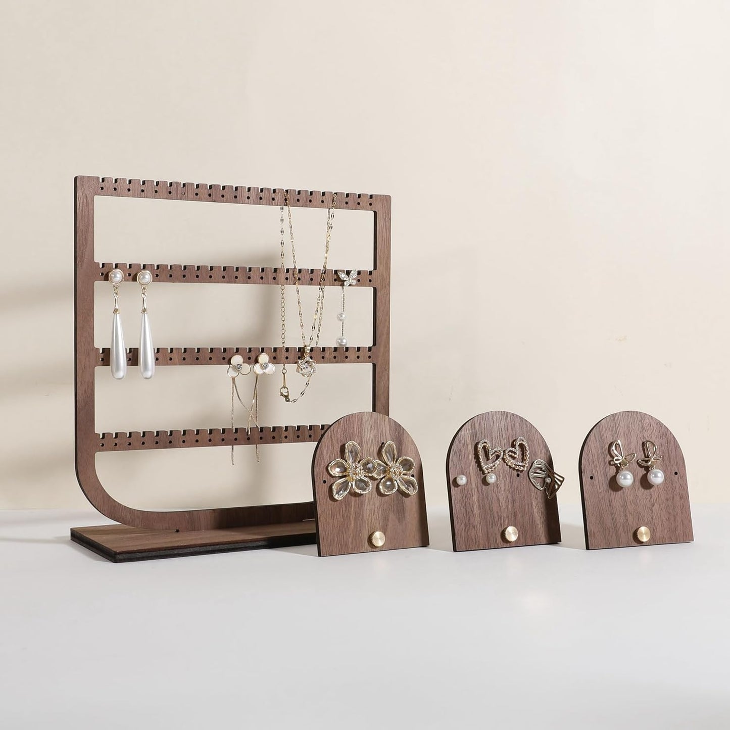 GemeShou 3pcs wooden jewelry earring organizer holder, walnut earring studs stand for boutique store, cute earring display for selling with 6 holes on each【Earring stand-Arch-3pcs】