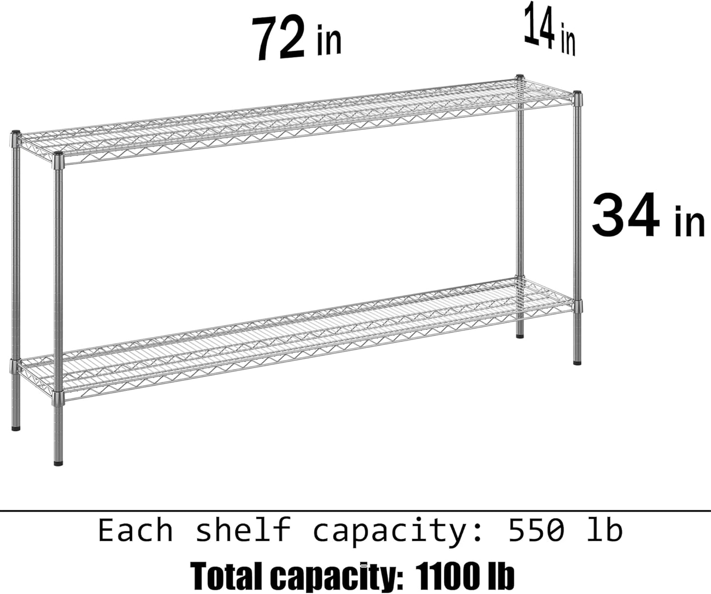 14" Deep x 72" Wide x 34" Height Wire Shelving Kit | 2-Tier | NSF Commercial Storage Rack Unit