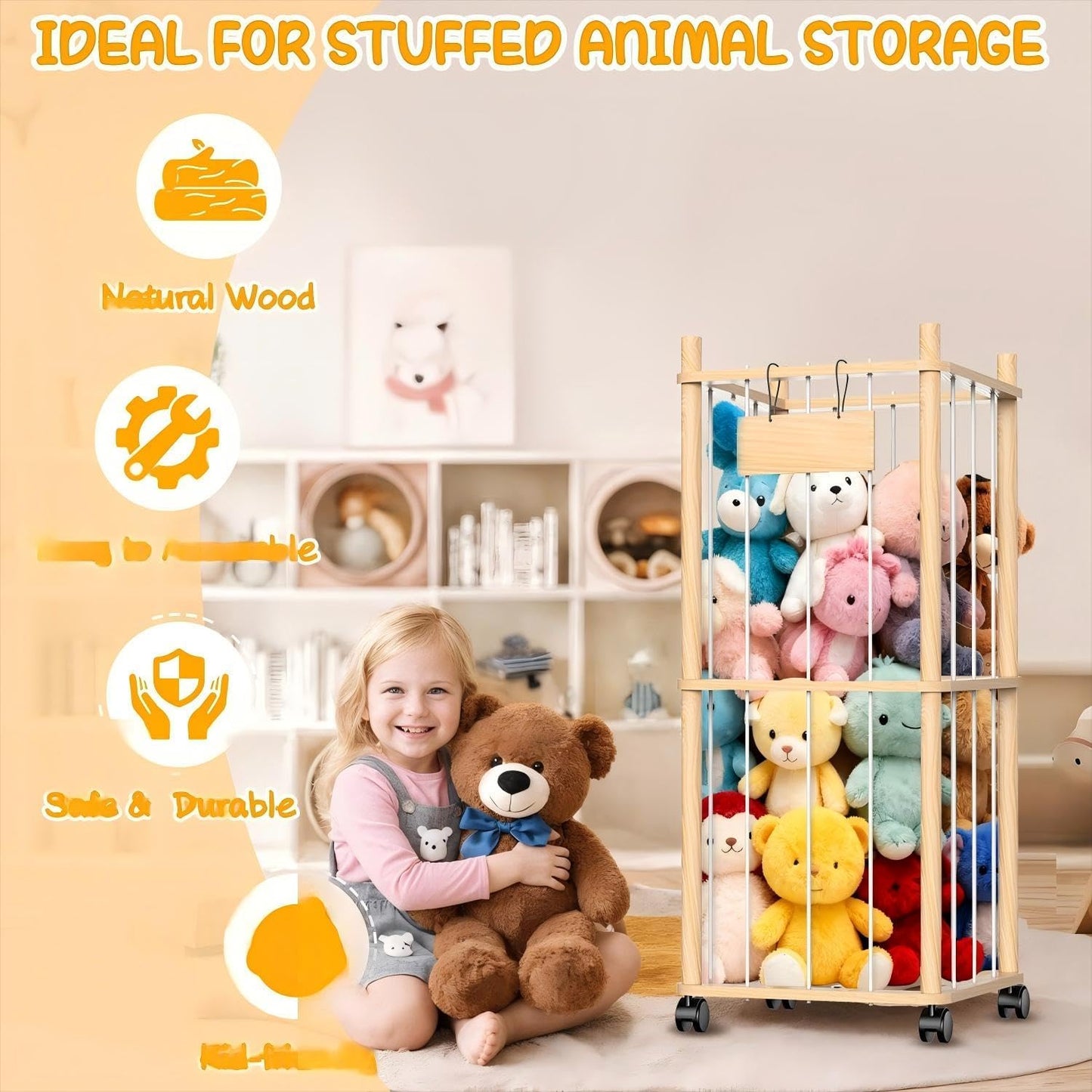Stuffed Animal Storage & Holder, Natural Pine Wood Plushies Storage with Wheels, Large Capacity Stuffed Animal Zoo with Elastic Cord, Space Save Toy Organizer for Playroom Bedroom & Toddler Room