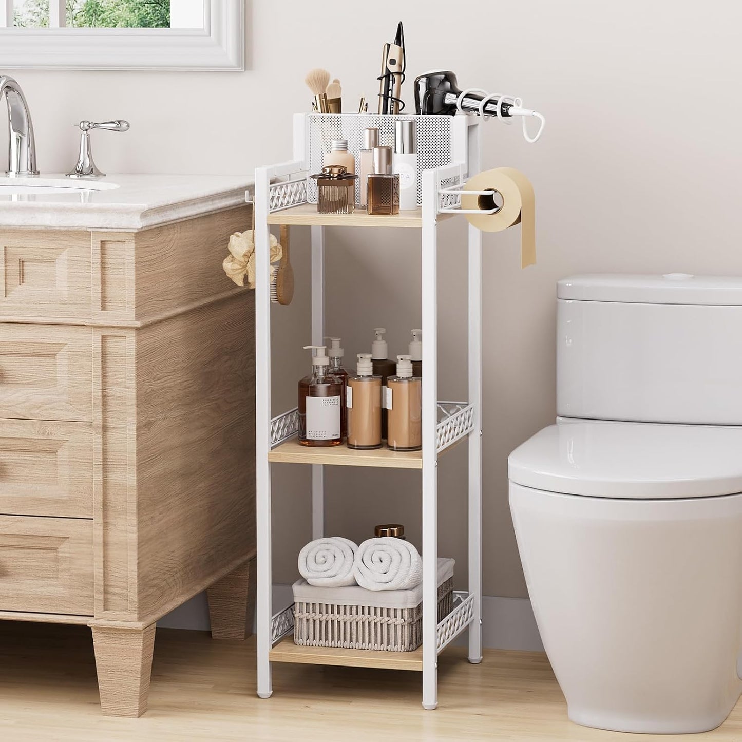 Slim Bathroom Storage Shelf Unit, 3 Tier Corner Storage, Rustic Makeup Organizer, Space-Saving Floor Standing Storage Shelves for Bathroom, Vanity,Kitchen, Laundry 9.85im Matte White