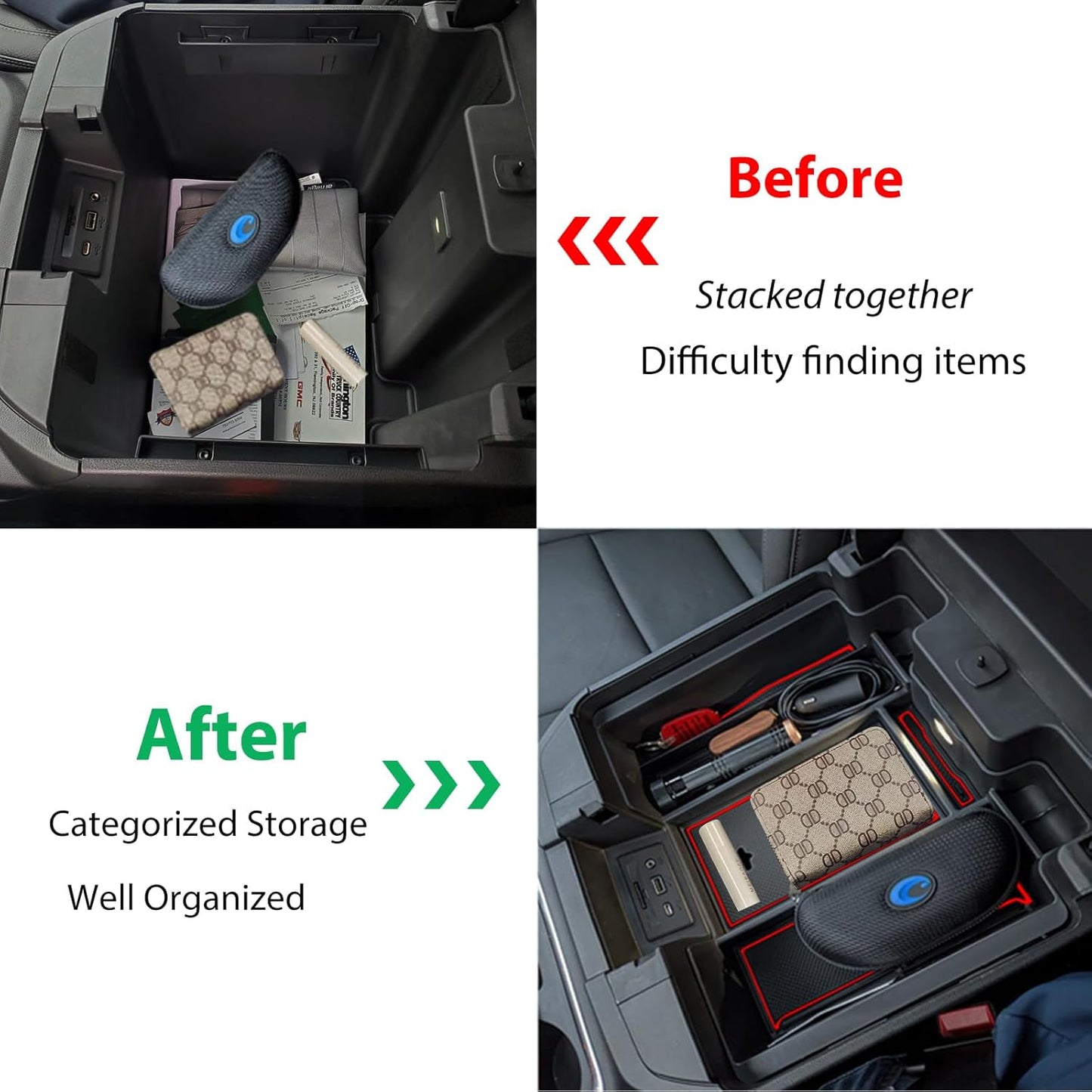 Full Size Center Console Armrest Box Organizer Tray for 2019-2022 Chevy Silverado/GMC Sierra 1500 and 2020-2023 Silverado/Sierra 2500/3500 HD (Full Console w/Bucket Seats ONLY) Red Trim