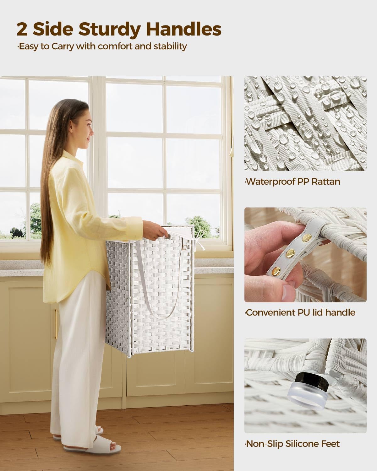 Greenstell Laundry Hamper with Wheels, No Install Needed, 90L Divided Handwoven Hampers & 2 Removable Liner Bags, Rattan Clothes Laundry Basket with Lid & Handles, Foldable Hampers White