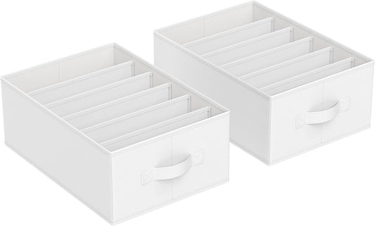 SONGMICS Set of 2 Large Size Wardrobe Clothes Organizers, 6-Compartment Foldable Drawer Organizers with Handles, 16.5 x 11.8 x 6.7 Inches, for Pants, Sweaters, Jeans, Cloud White URUS009W02
